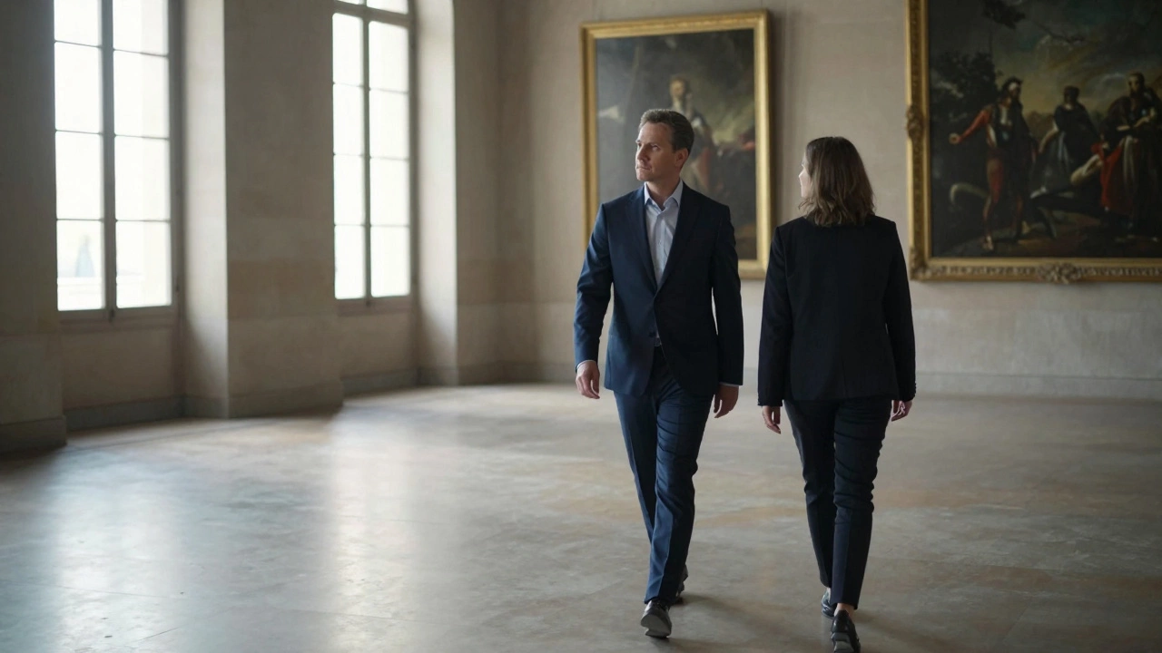 A professional companion guiding a client through the quiet Louvre at dawn.