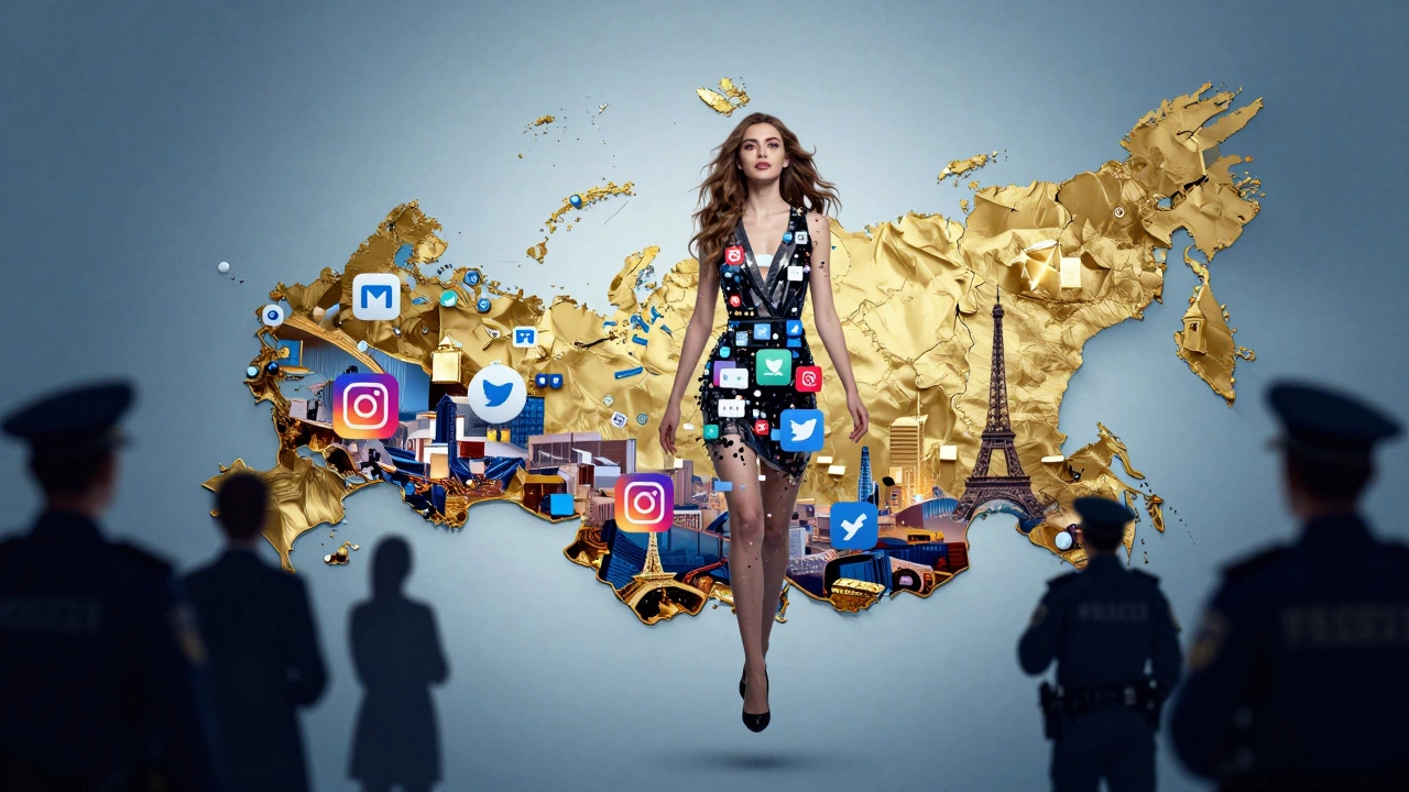 A woman&#039;s body dissolves into digital social media images above a map of Russia, with shadowy figures below.
