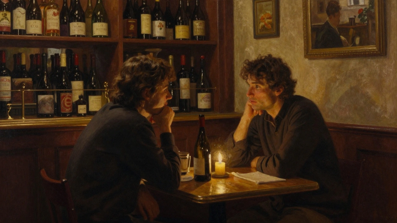 Two people share quiet conversation over wine in a cozy Annecy bistro, candlelight glowing softly.